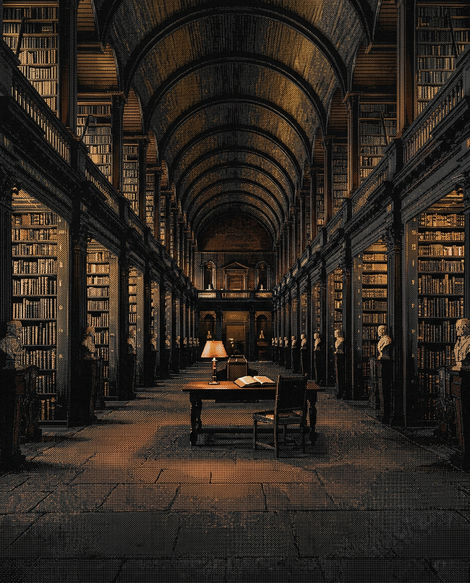 Dithered pixel-art library hall at dusk, with a lamp lit over an open book on a reading table